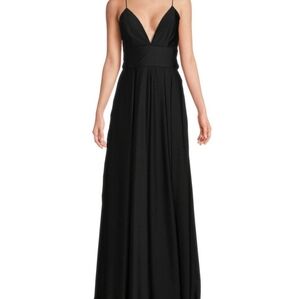 Mac Duggal designer black formal plunging neck gown maxi dress 14 NWT